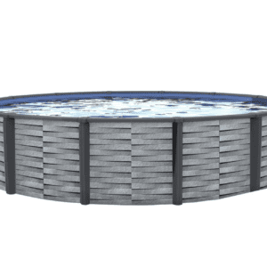 Round above-ground pool with stone-like exterior.